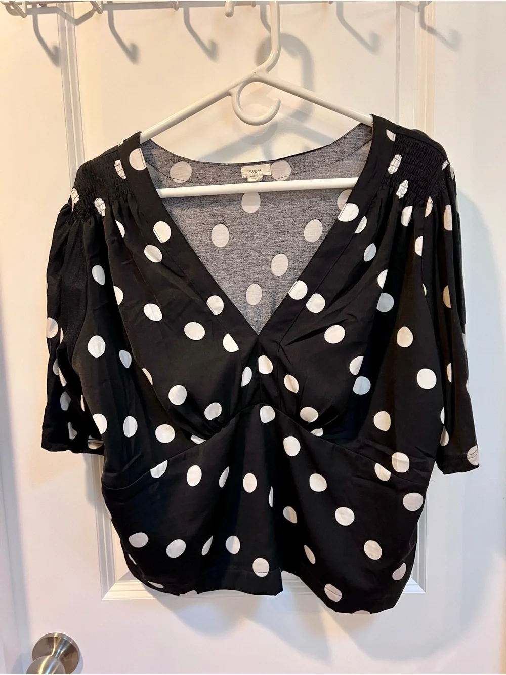 Anthropologie Polka Dot V-Neck Adelaide Blouse Smocked Ruched XL Tiny Brand